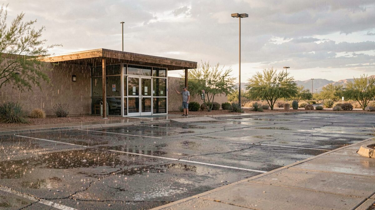 A desert church parking lot just after a monsoon shower, one greeter standing at the glass entrance, late afternoon light, wide framing from the sidewalk.